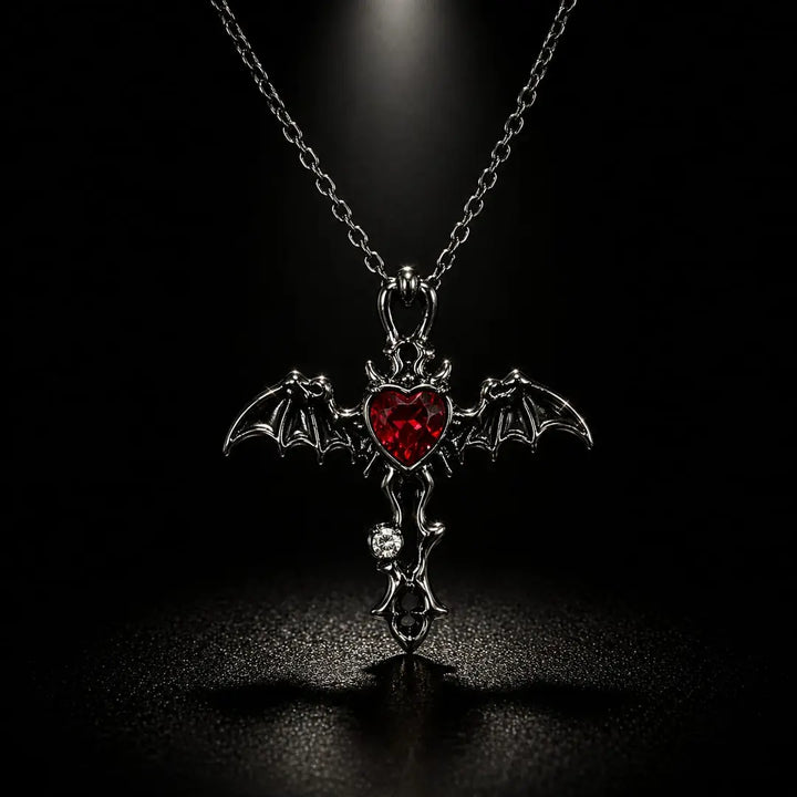 Dark Style Bat Wing Cross Heart Necklace